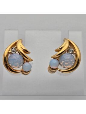Gold Tone Faux Opal Clip-On Earrings Floral Leaf Rhinestone 7/8”